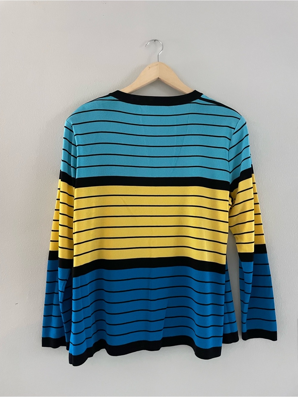Misook Blue Yellow Black Striped Open Cardigan Vintage Sweater - Picture 2 of 4